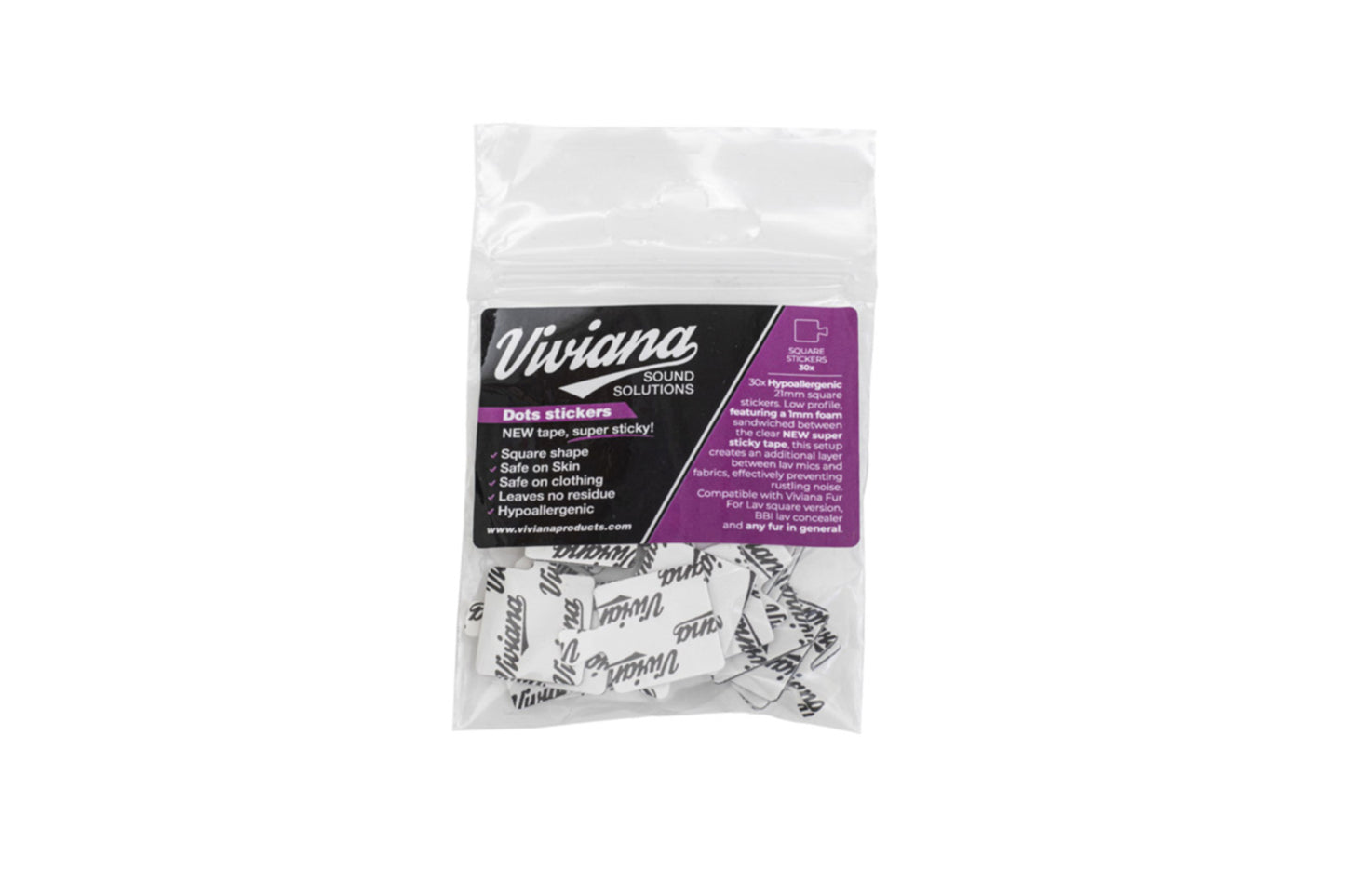 Clear bag of white dot stickers with black text and purple product label