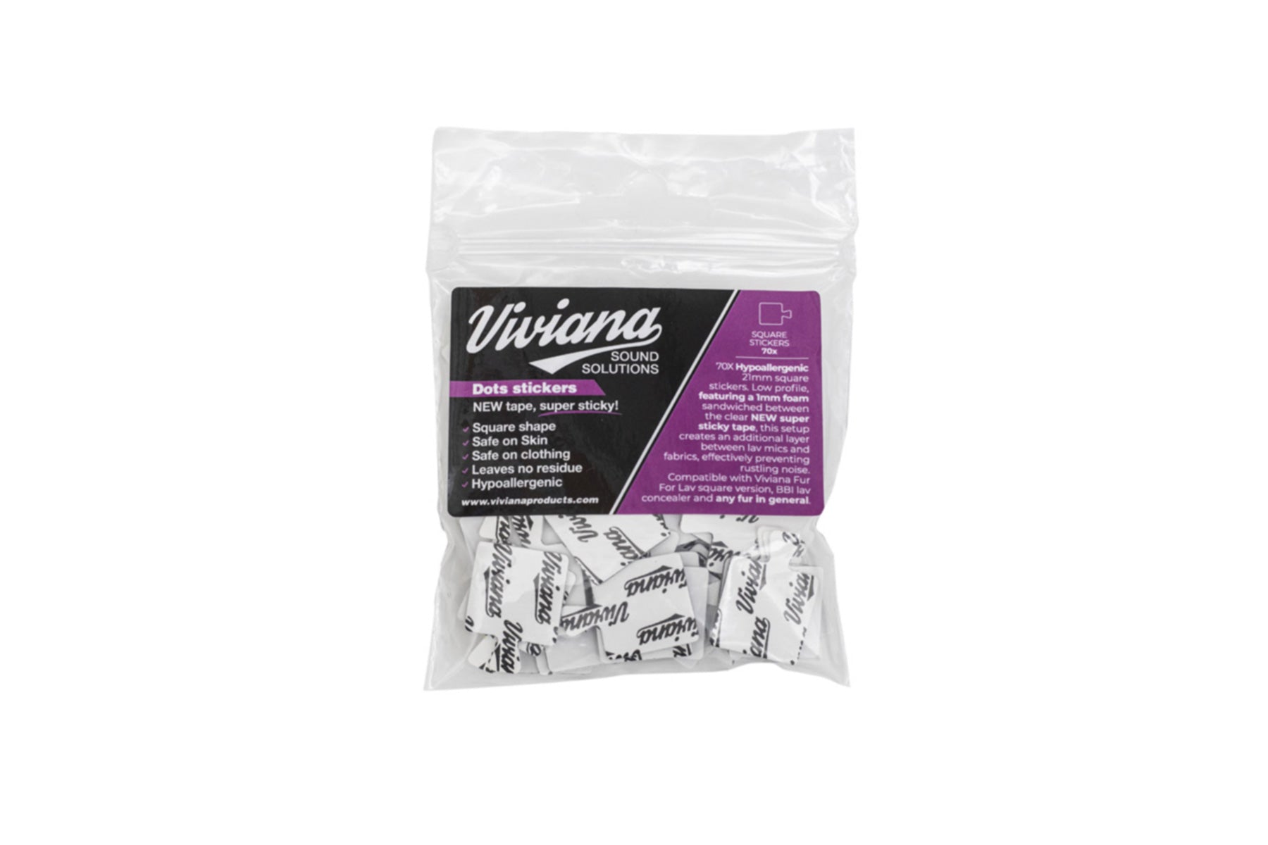 Clear bag of white dot stickers with black text, purple-and-black label on front
