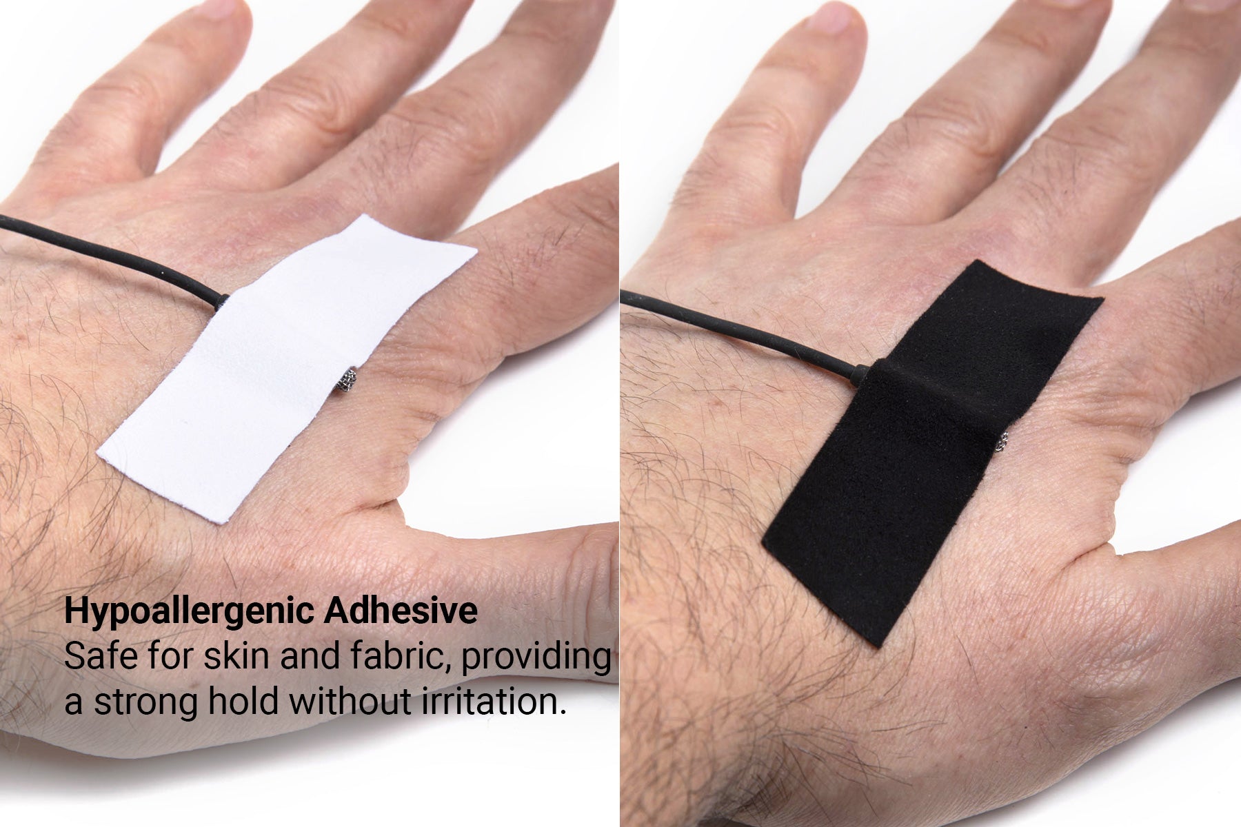 Moleskin Original adhesive patches on hands, white and black rectangular tabs