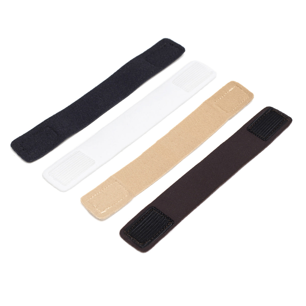 Set of four pouch protector straps: black, white, beige, dark brown