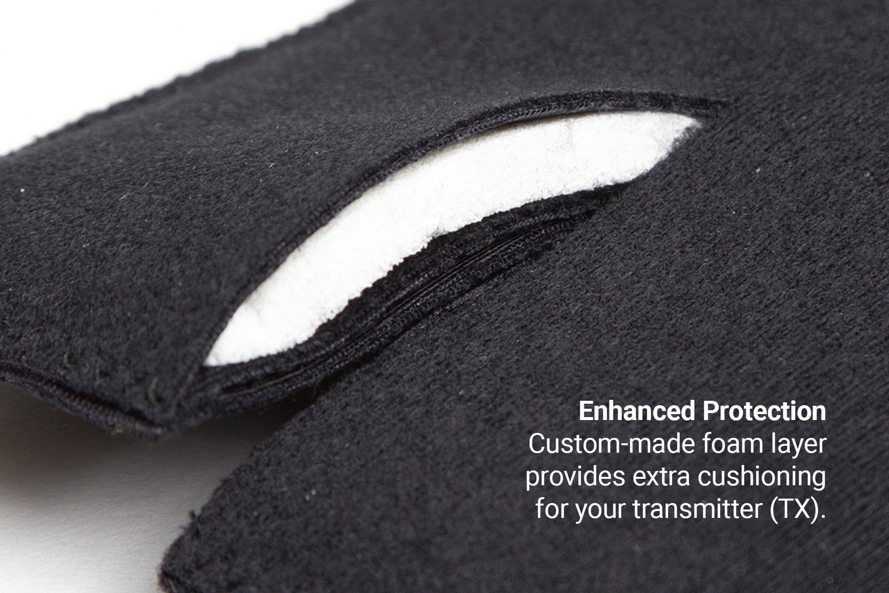 Black puffy belt pouch with white interior lining, foam-padded pocket for a fit