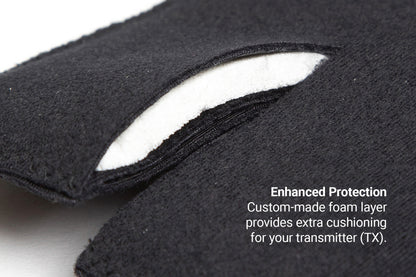 Black puffy belt pouch with white interior lining, foam-padded pocket for a fit