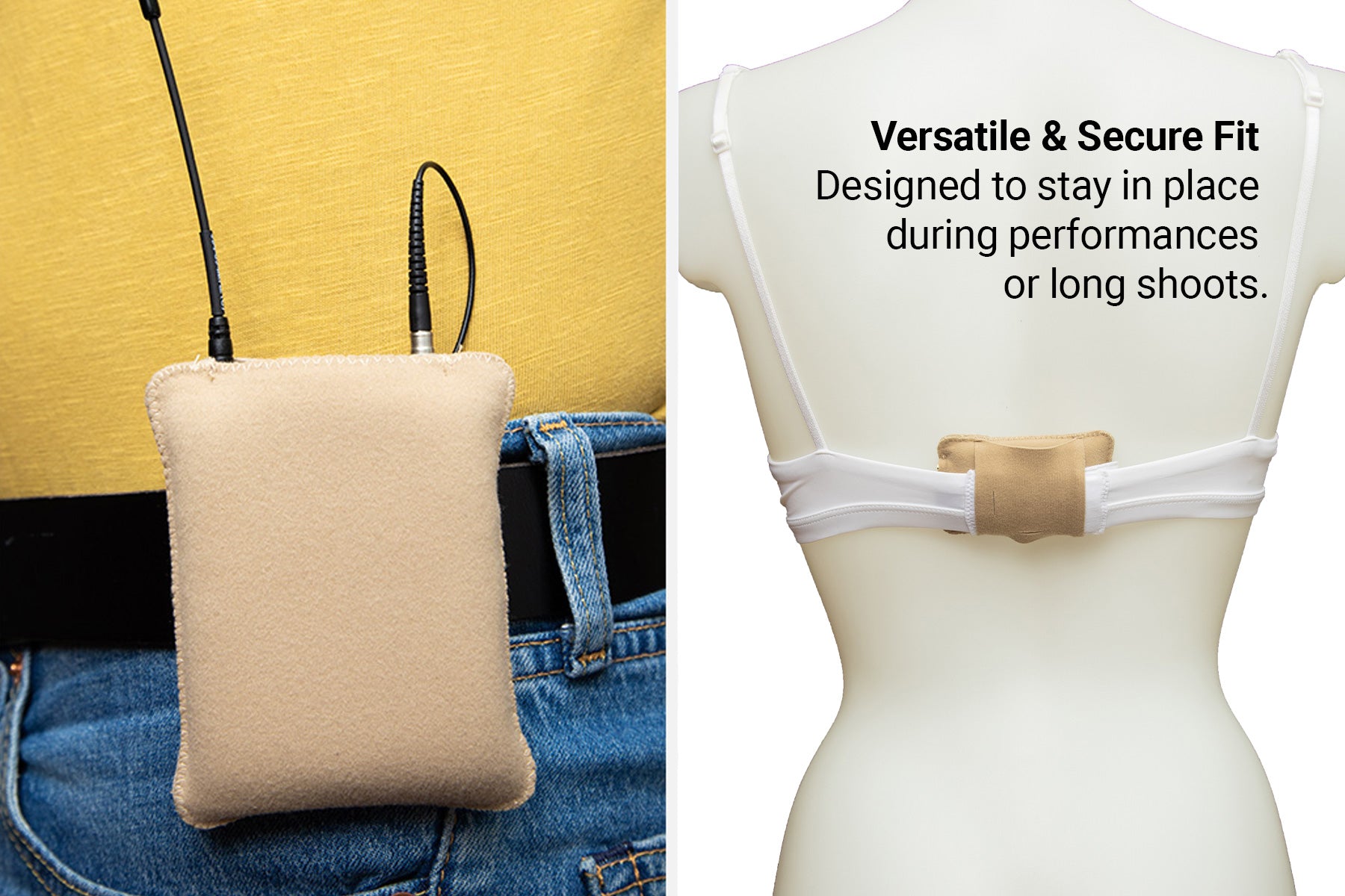 Beige puffy belt pouch on waistband, square padded holder for comfort