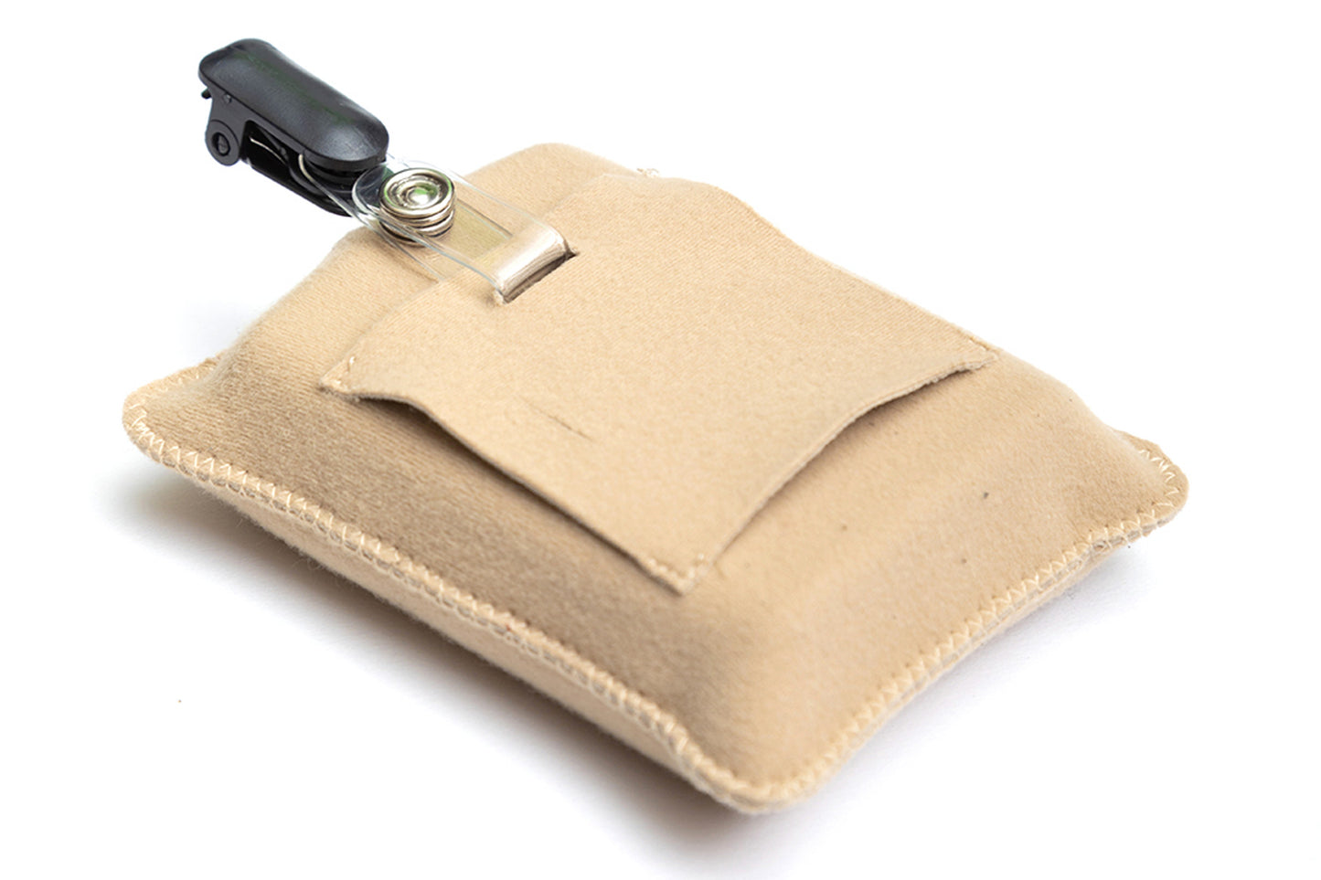 Beige puffy pouch with flap open, showing clip-on device and attachments