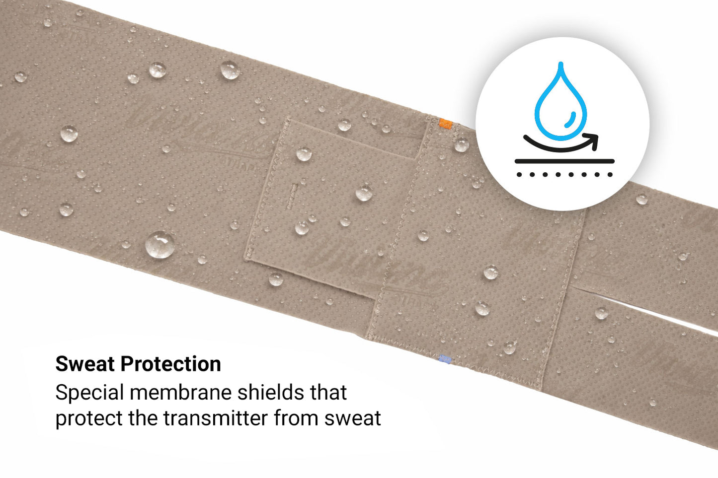 Taupe calf strap with speckled texture and water droplets on the fabric surface.
