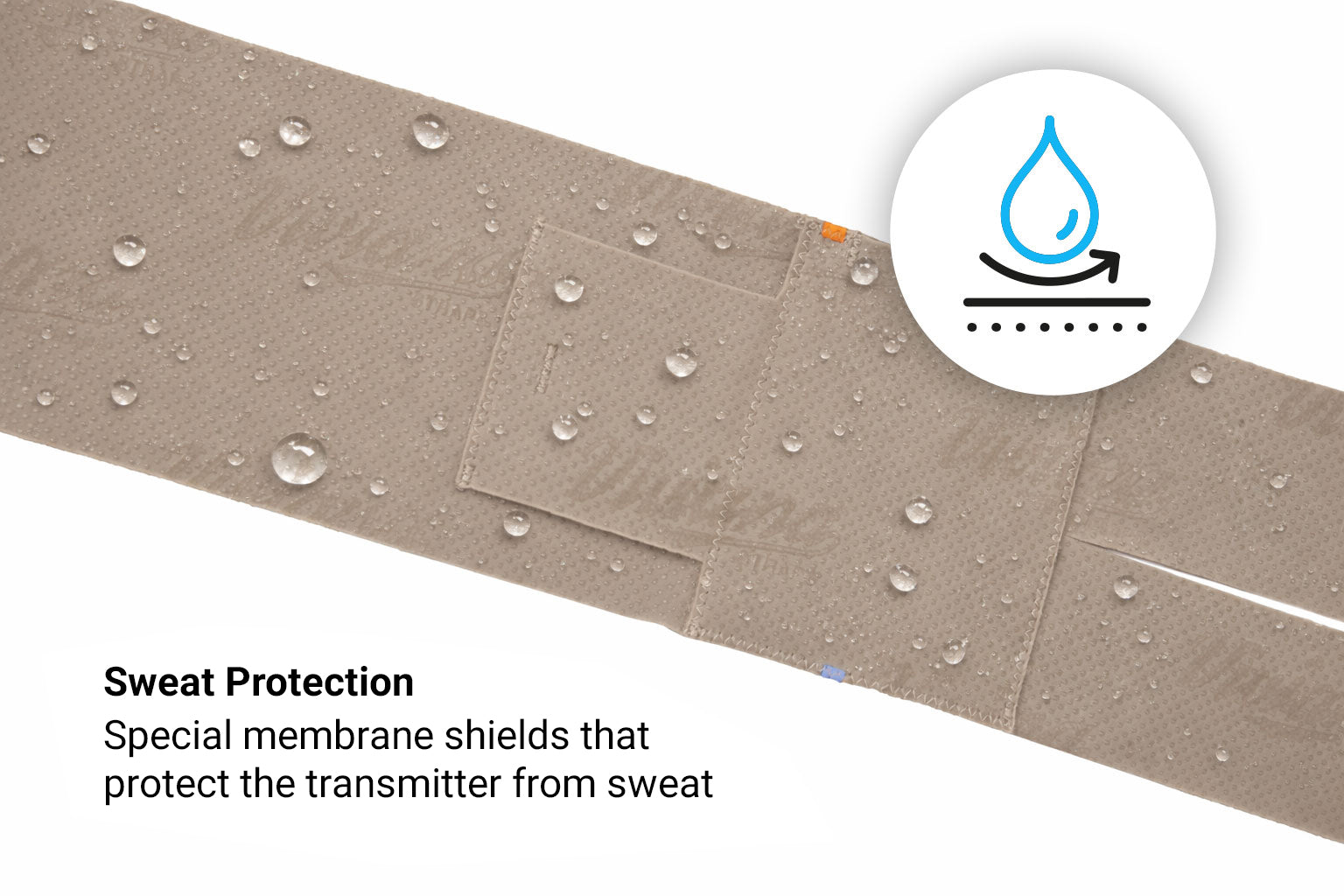 Taupe calf strap with speckled texture and water droplets on the fabric surface.
