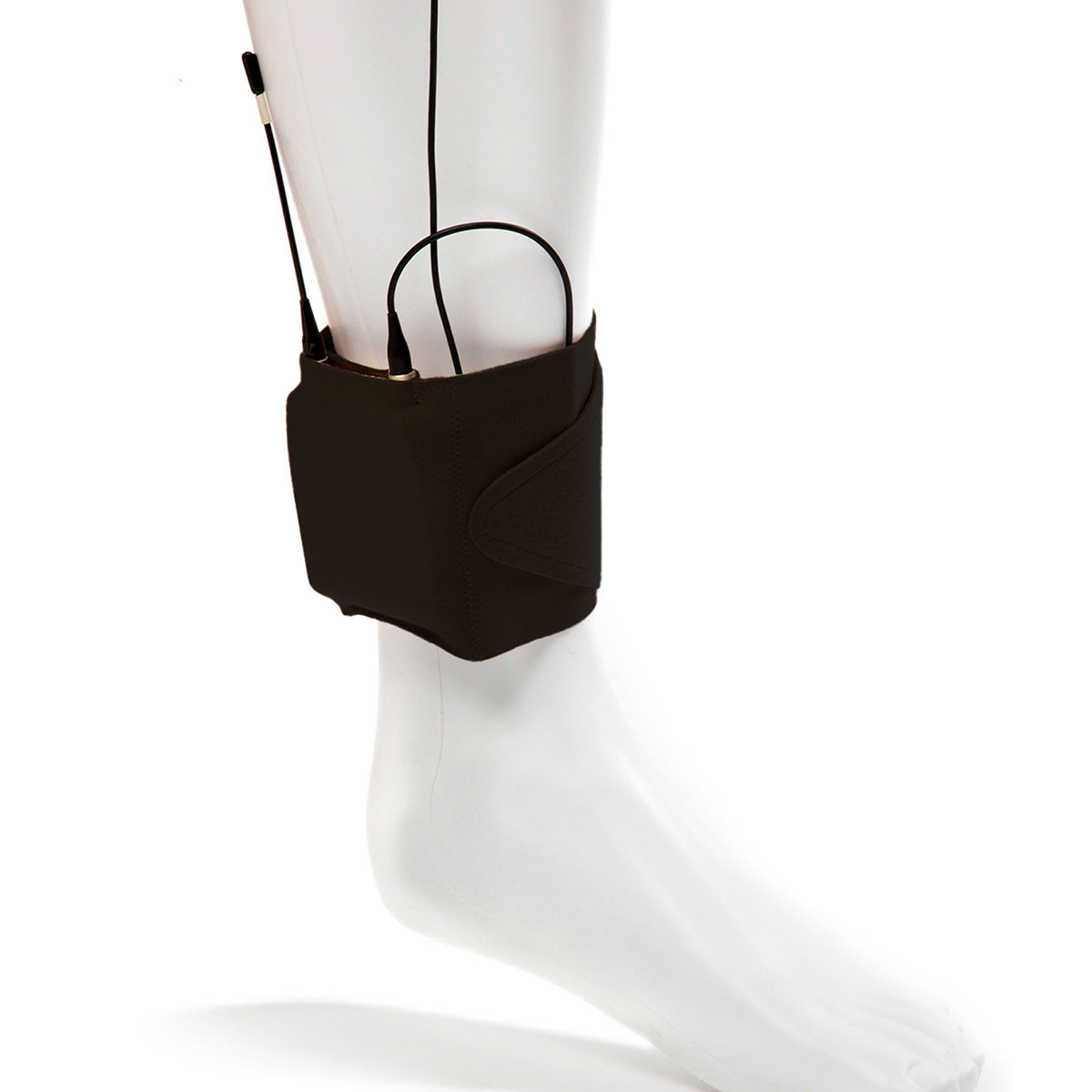 Black ankle strap pouch with molded pocket and cable loops on a mannequin leg