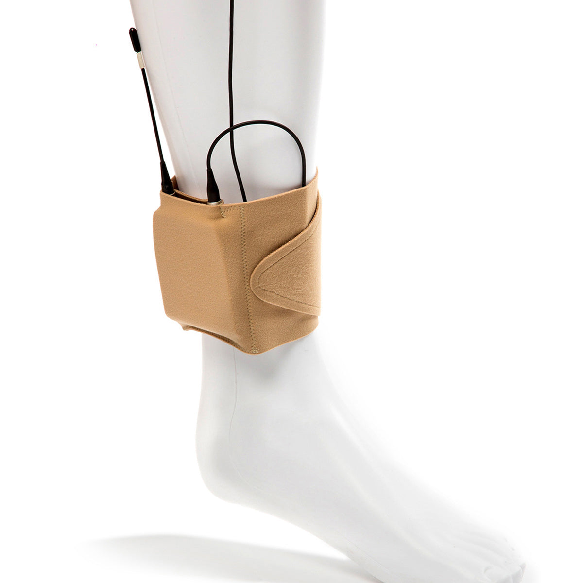 Beige ankle strap pouch with molded pocket and cable loops on a mannequin leg