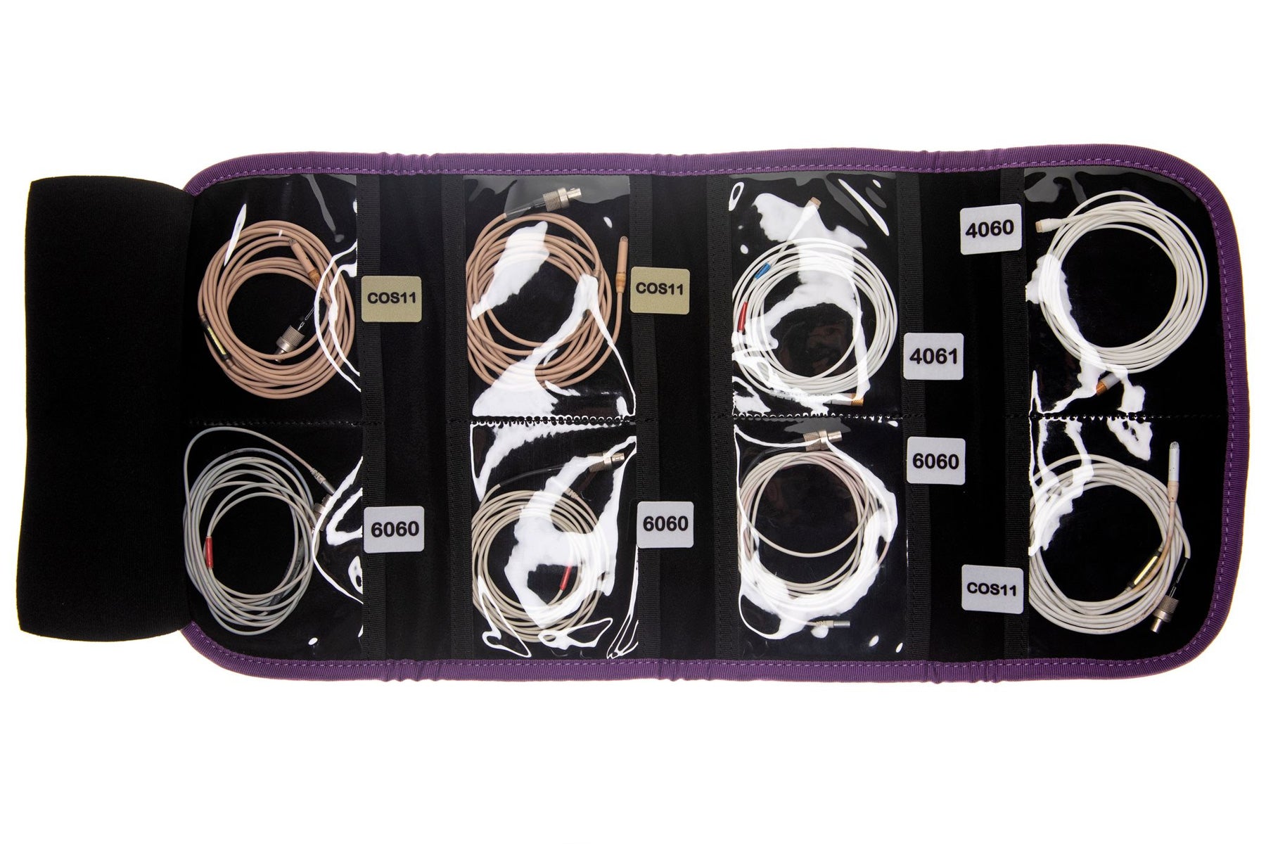 Purple-trim display bag with black organizer inserts and labeled cord slots