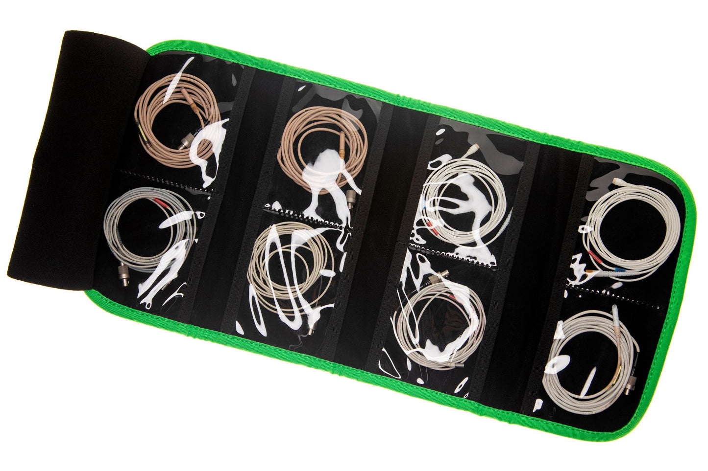 Green-trim zip bag with black organizer panels and white cord loops inside