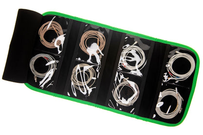 Green-trim zip bag with black organizer panels and white cord loops inside