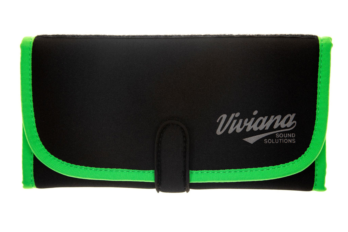Black flap bag with neon green edging, center clasp, and Viviana logo