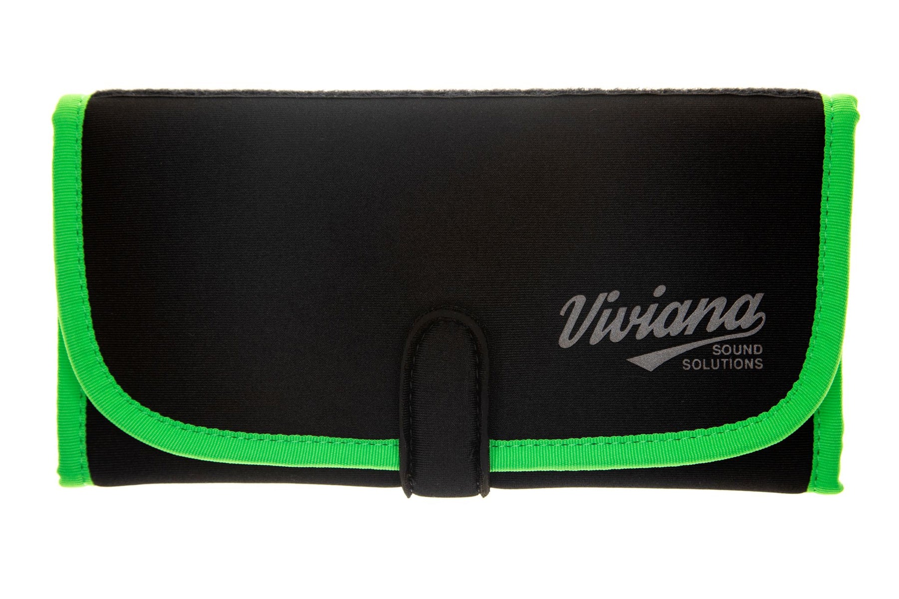 Black flap bag with neon green edging, center clasp, and Viviana logo