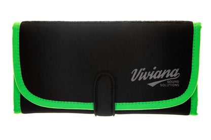 Black flap bag with neon green edging, center clasp, and Viviana logo
