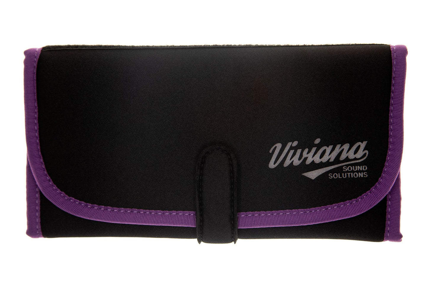 Black flap bag with purple edging, center clasp, and Viviana logo