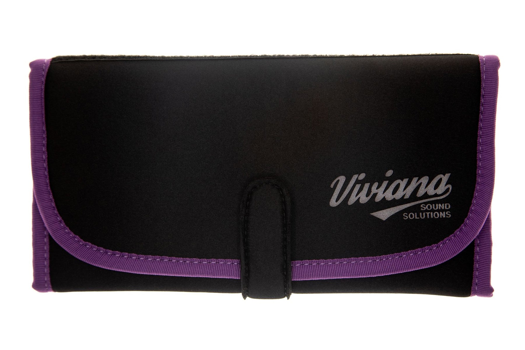 Black flap bag with purple edging, center clasp, and Viviana logo