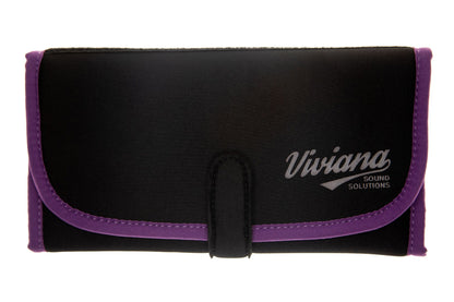 Black flap bag with purple edging, center clasp, and Viviana logo
