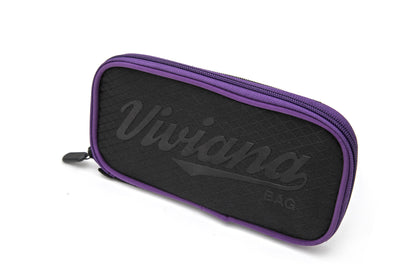 Black zippered bag with purple trim and front logo panel