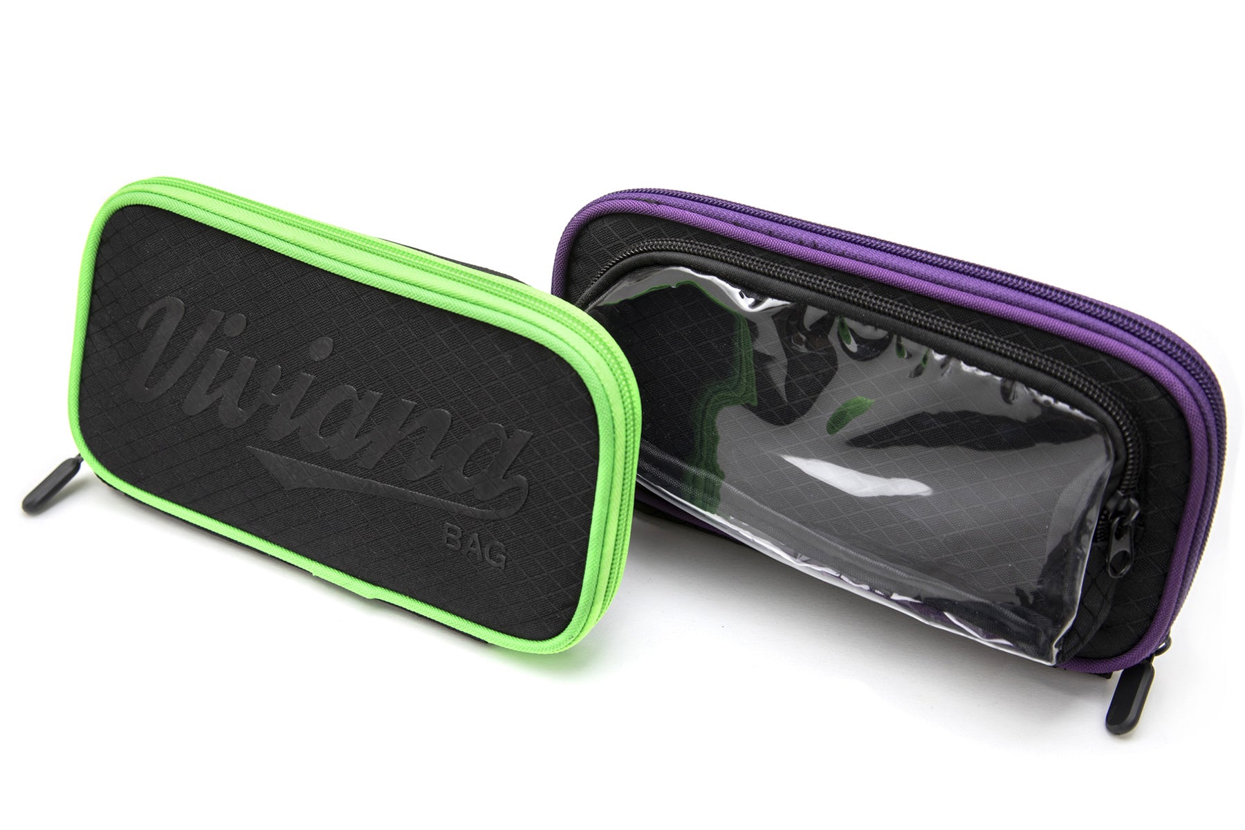 Two-tone zip organizer bag with lime and purple trim and clear front window