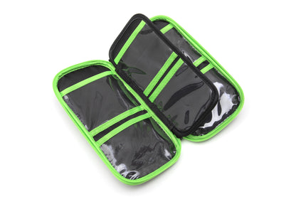 Green-edged organizer bag with clear plastic compartments for small items