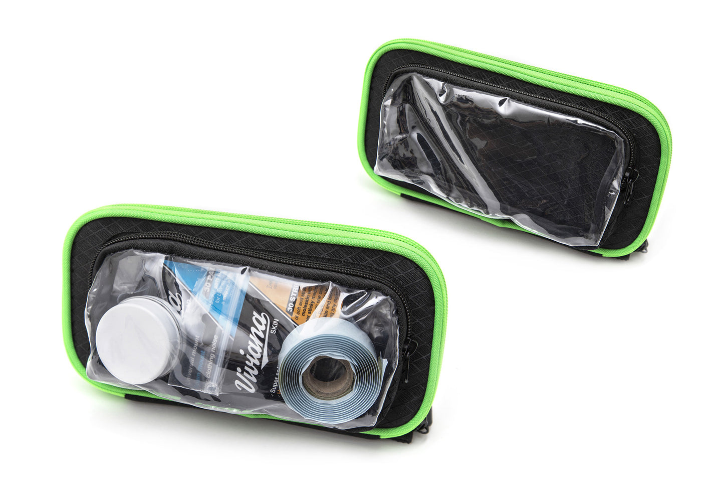 Green-trim clear-top zip bag with pouch sections holding spooled wires and parts