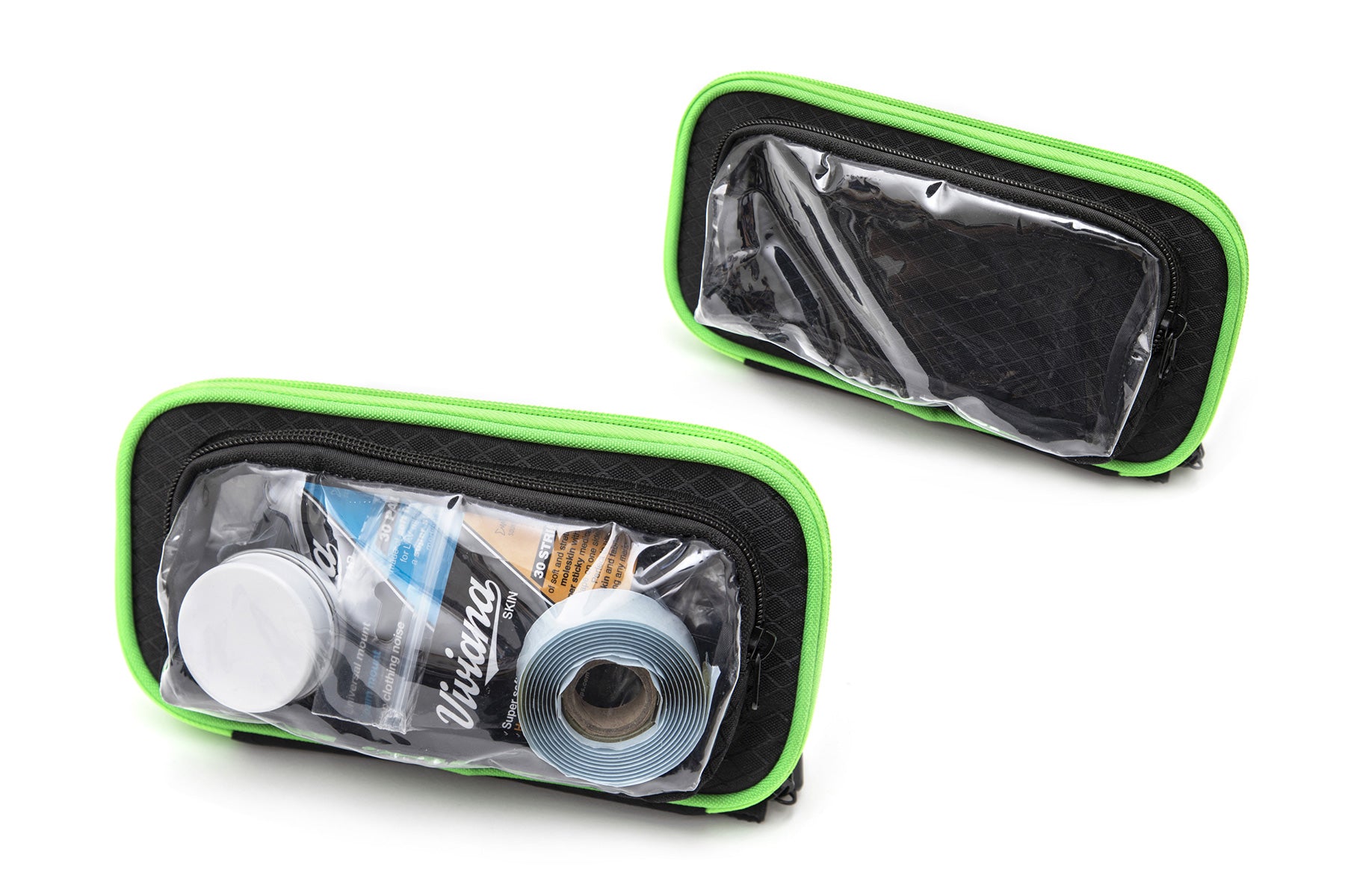 Green-trim clear-top zip bag with pouch sections holding spooled wires and parts