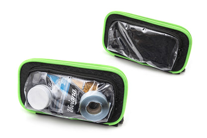 Green-trim clear-top zip bag with pouch sections holding spooled wires and parts