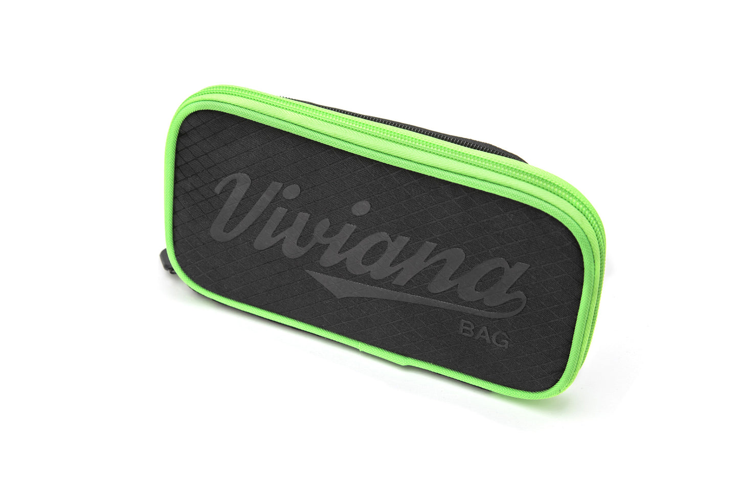 Black zippered bag with neon green trim and front logo panel