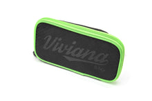 Black zippered bag with neon green trim and front logo panel