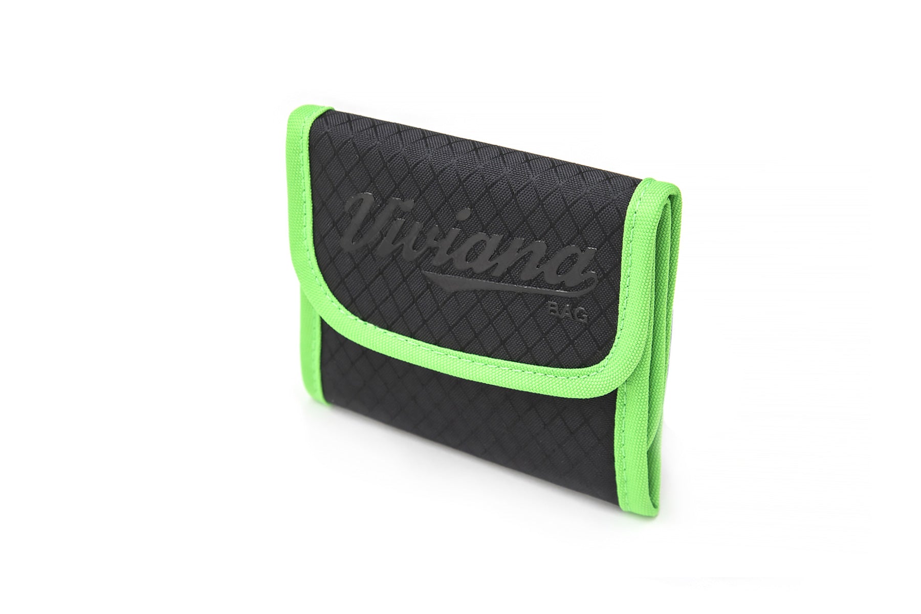 Black bag with green piping and curved flap front