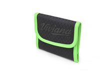 Black bag with green piping and curved flap front