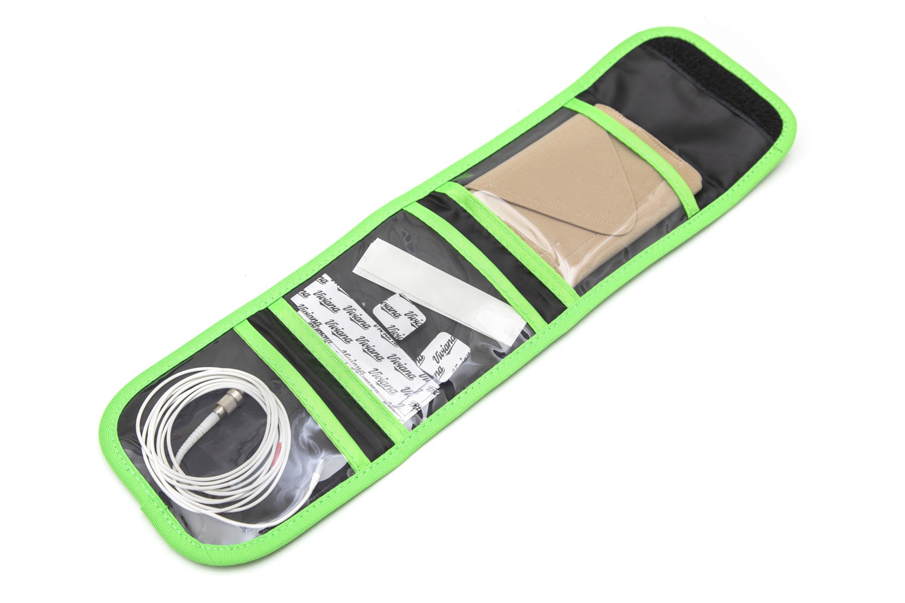 Neon green-lined bag with slots for cables and paper inserts