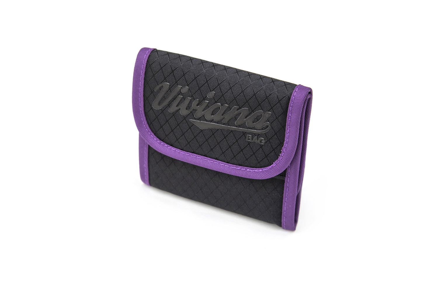 Black bag with purple piping and curved flap front
