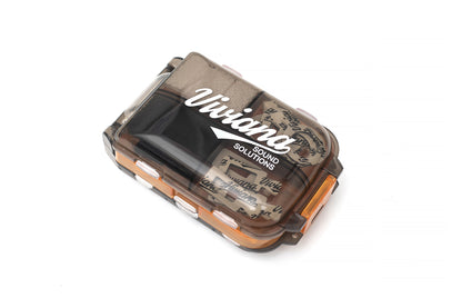 Orange and clear accessory box with molded compartments and black insert tray