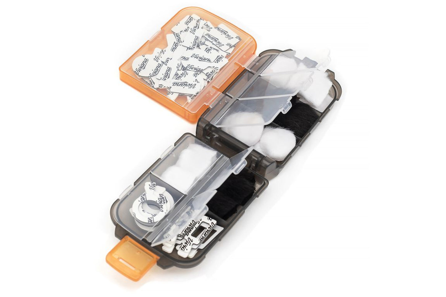 Orange and gray accessory box open with white and gray accessories in slots