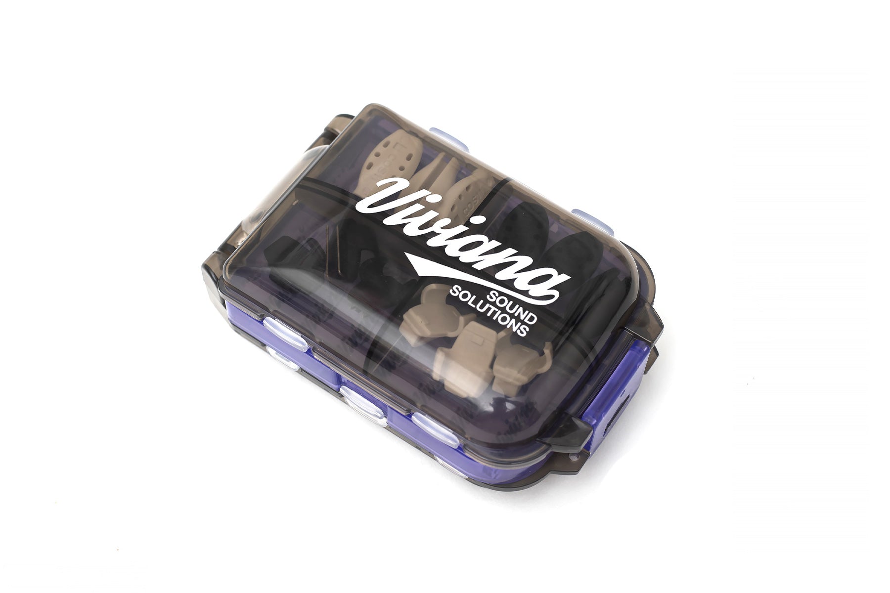 Purple and clear accessory box with molded compartments and black insert tray