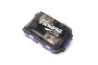 Purple and clear accessory box with molded compartments and black insert tray