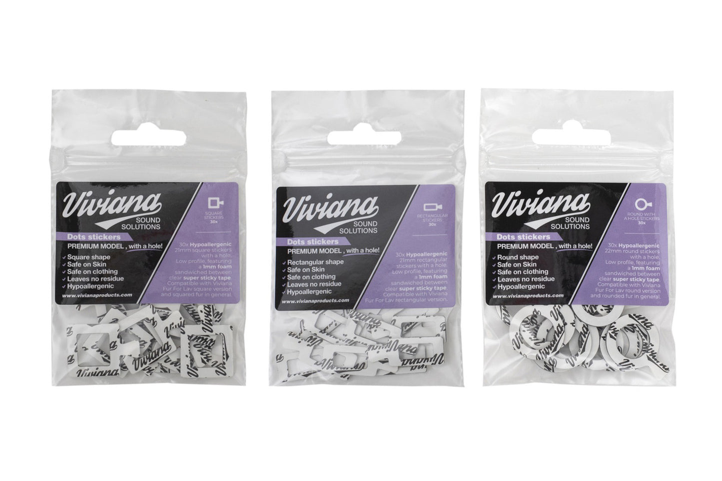 Viviana sticker pack with purple label, multiple dot stickers shown in bags