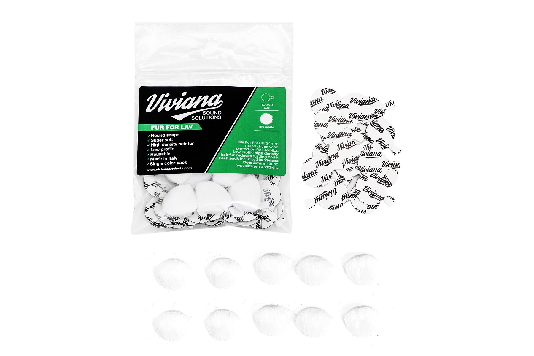Faux fur pads in white with Viviana label and small sticker pieces
