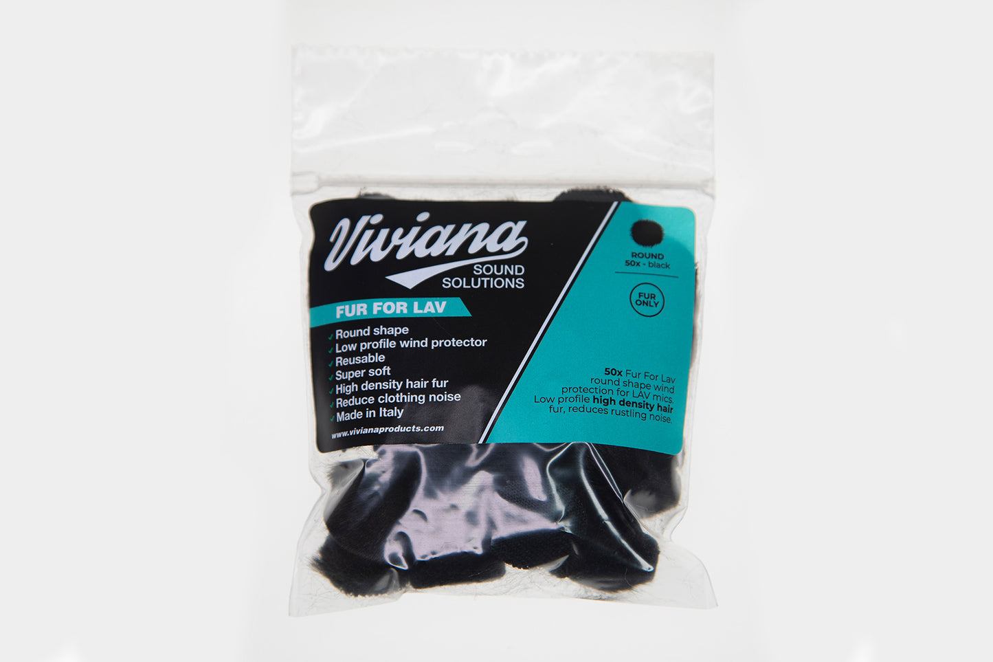 Clear bag of round black fur pads for Lav solutions with printed product label