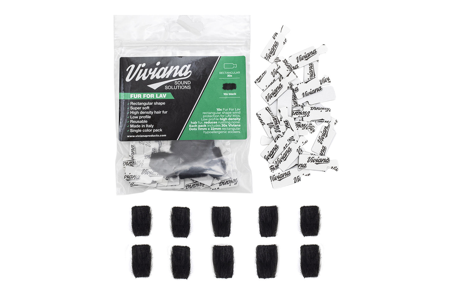 Faux fur pads in black squares, with packaging bag and sticker pieces