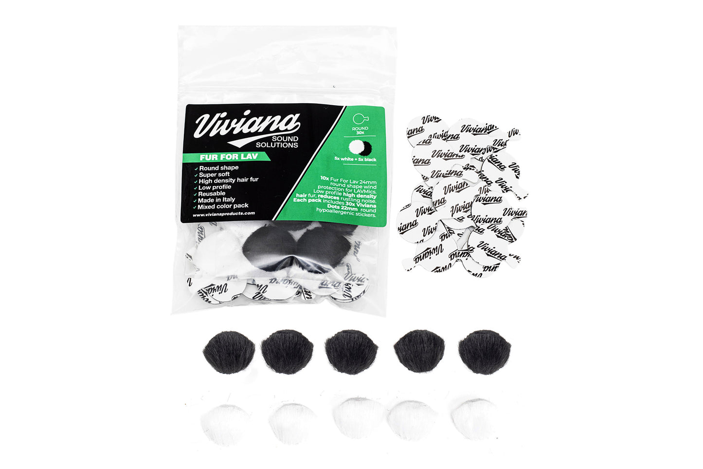 Black and white round fur pads, loose pieces and in a clear branded bag for Lav solutions