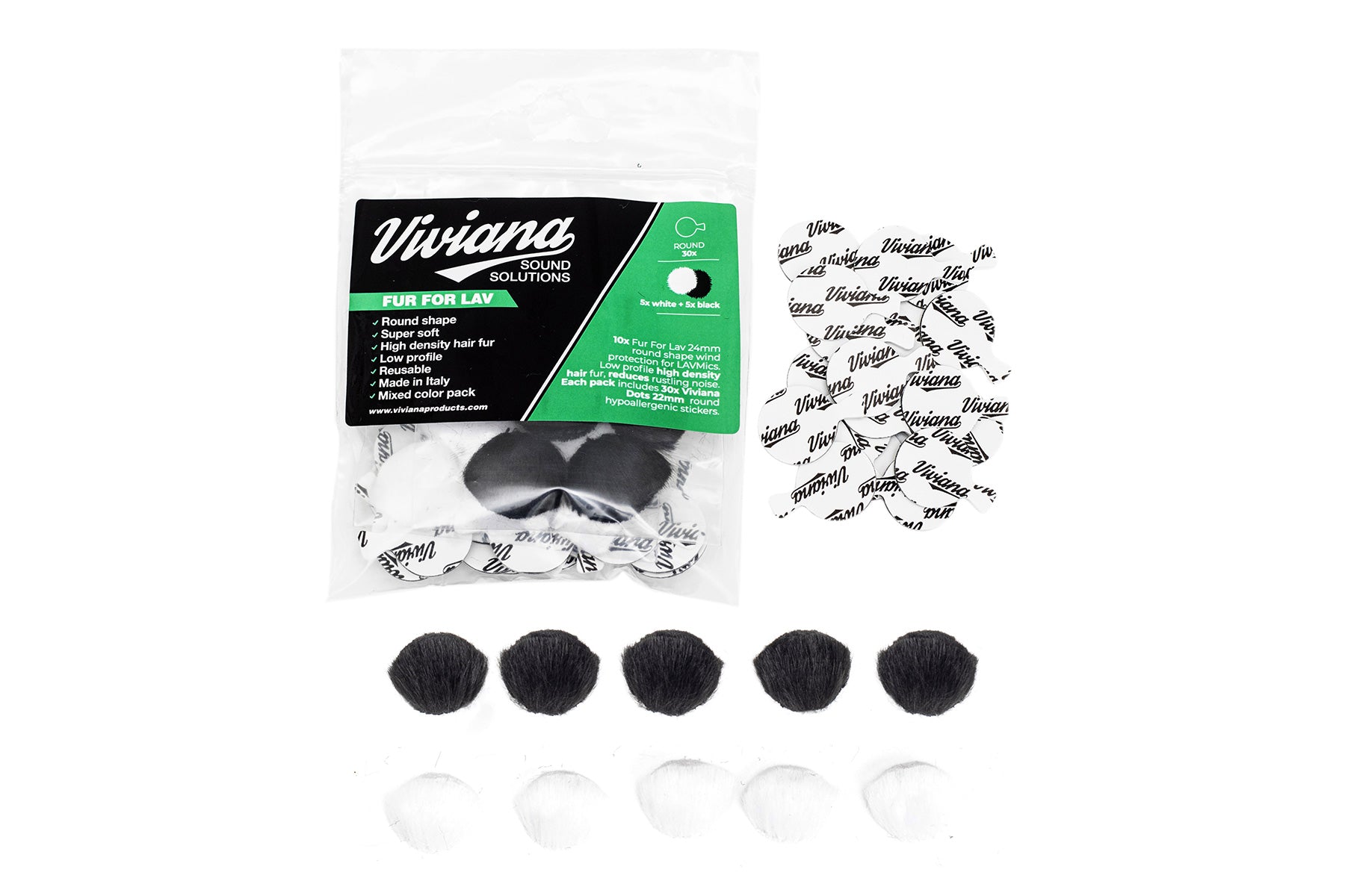 Black and white round fur pads, loose pieces and in a clear branded bag for Lav solutions