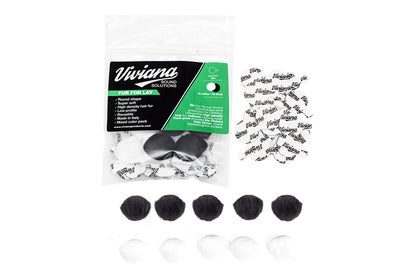 Black and white round fur pads, loose pieces and in a clear branded bag for Lav solutions