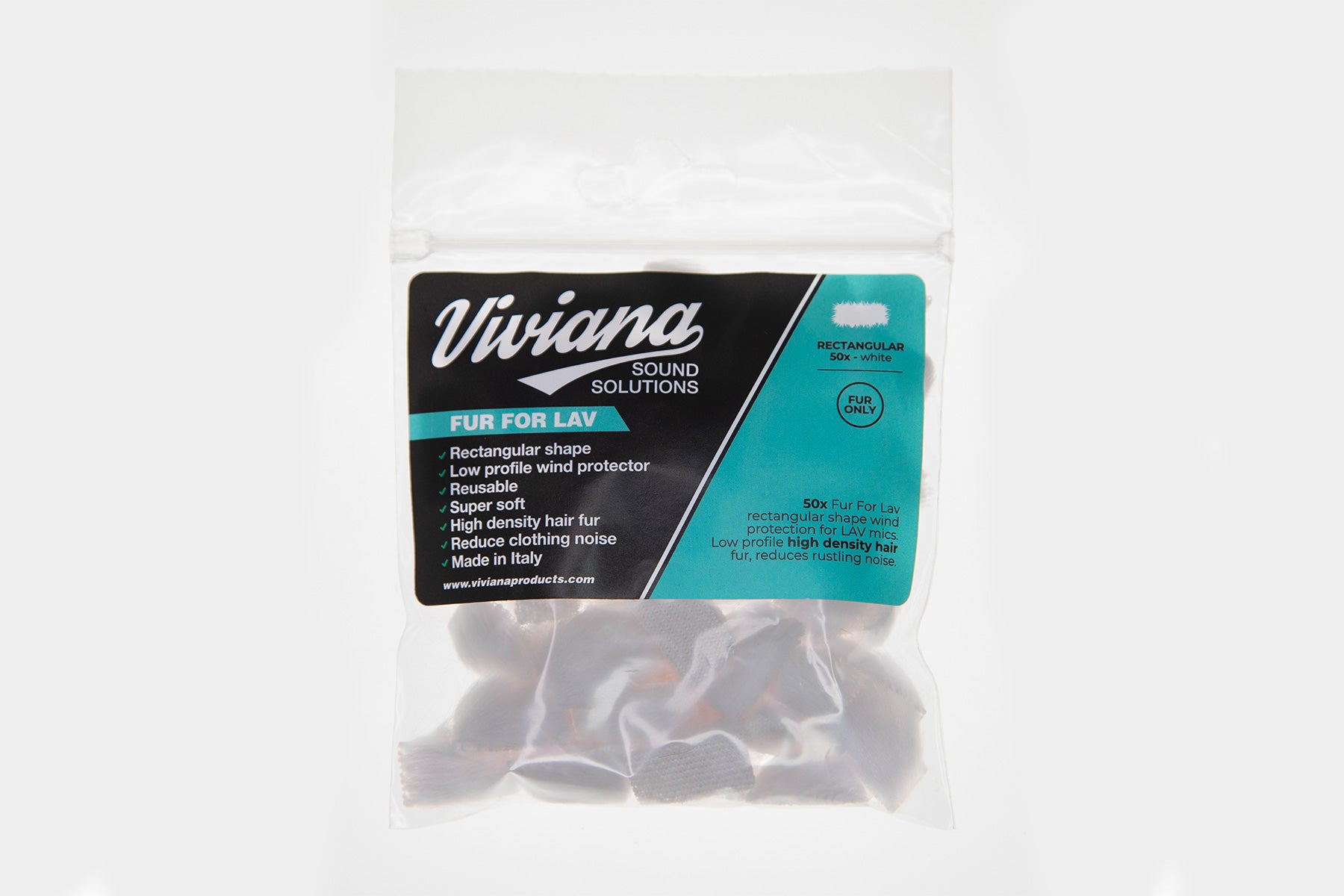 Clear package of faux fur for Lav with Viviana label, rectangular shape details