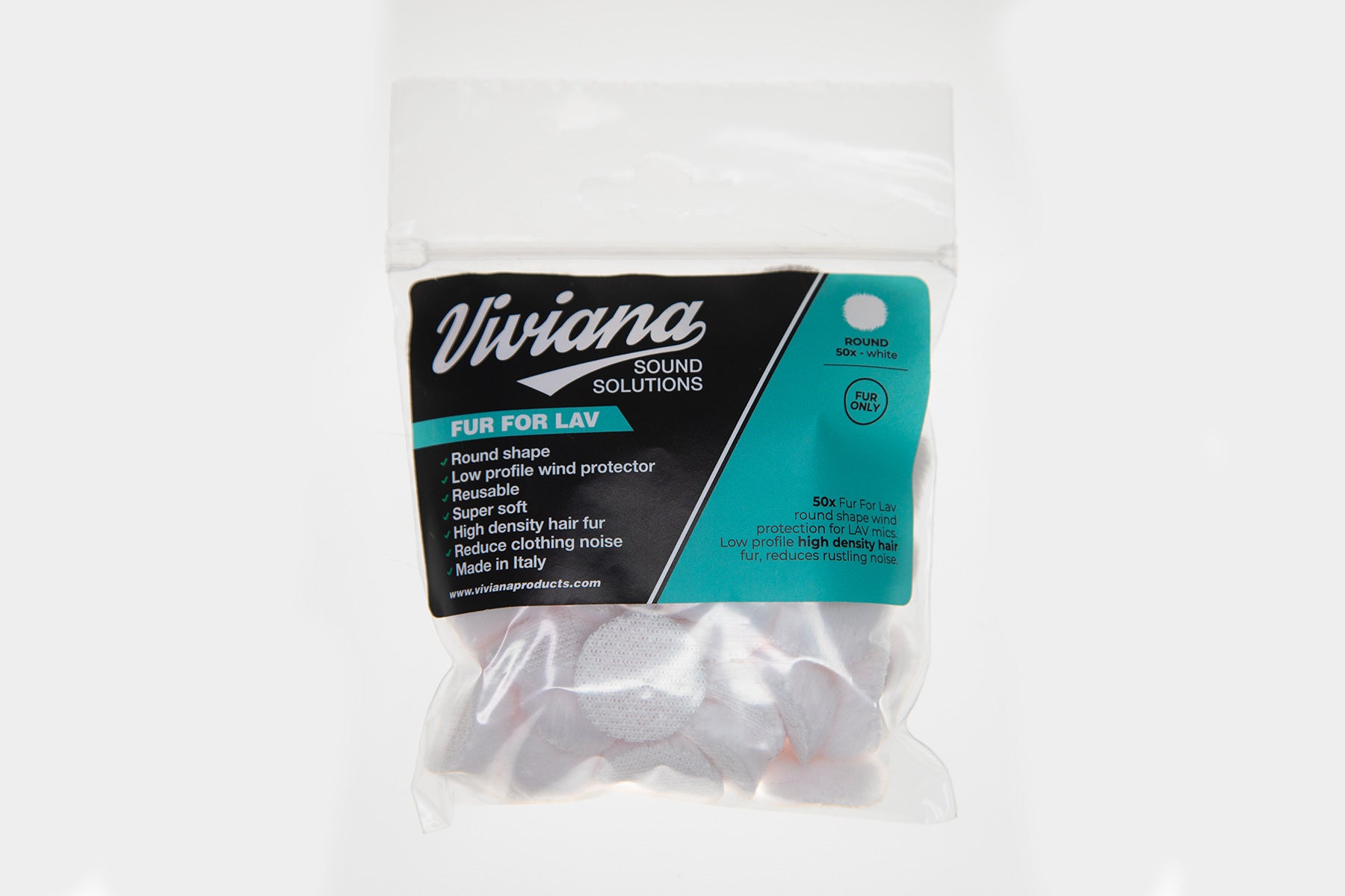 Packaged faux fur for Lav with Viviana label and clear bag showing contents