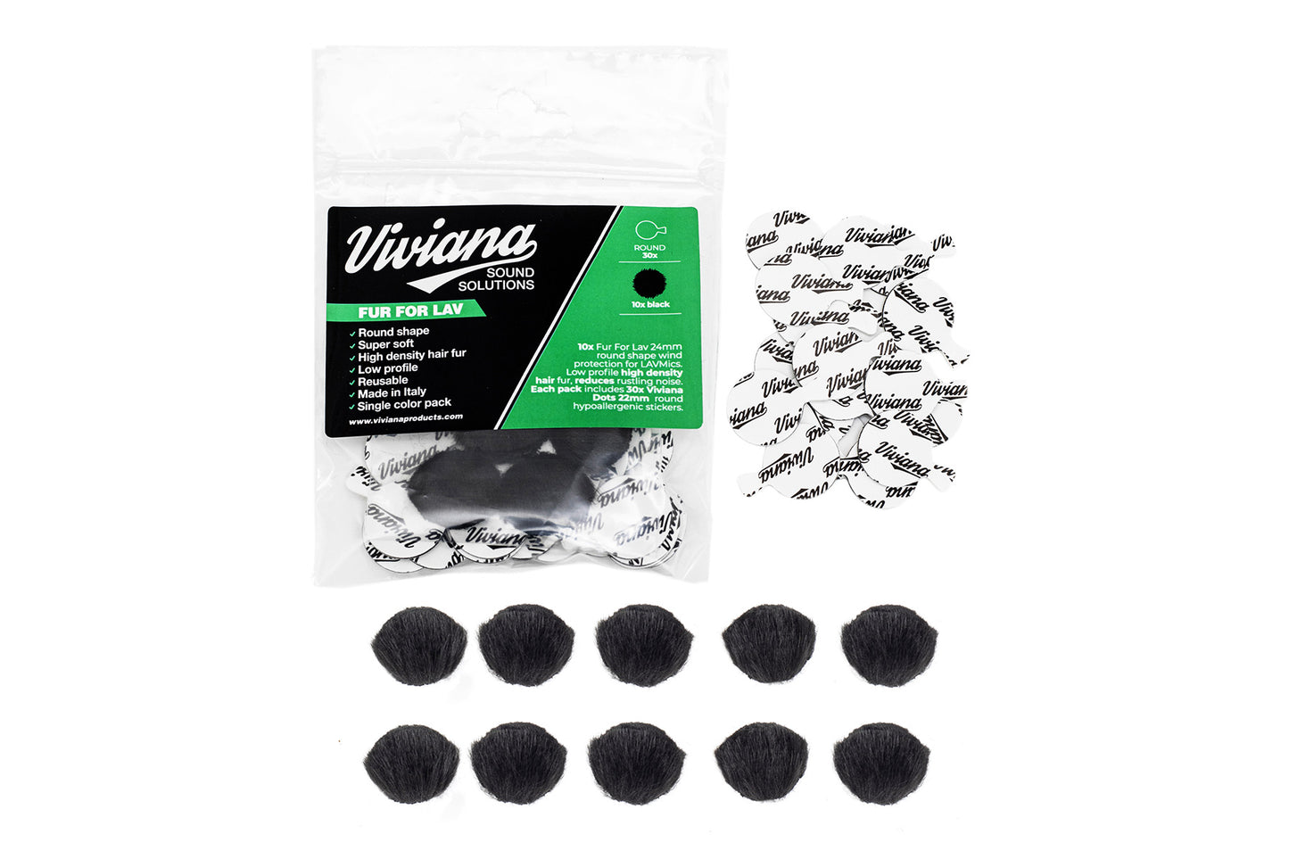 Black round fur pads, shown loose and in a clear branded bag for Lav solutions