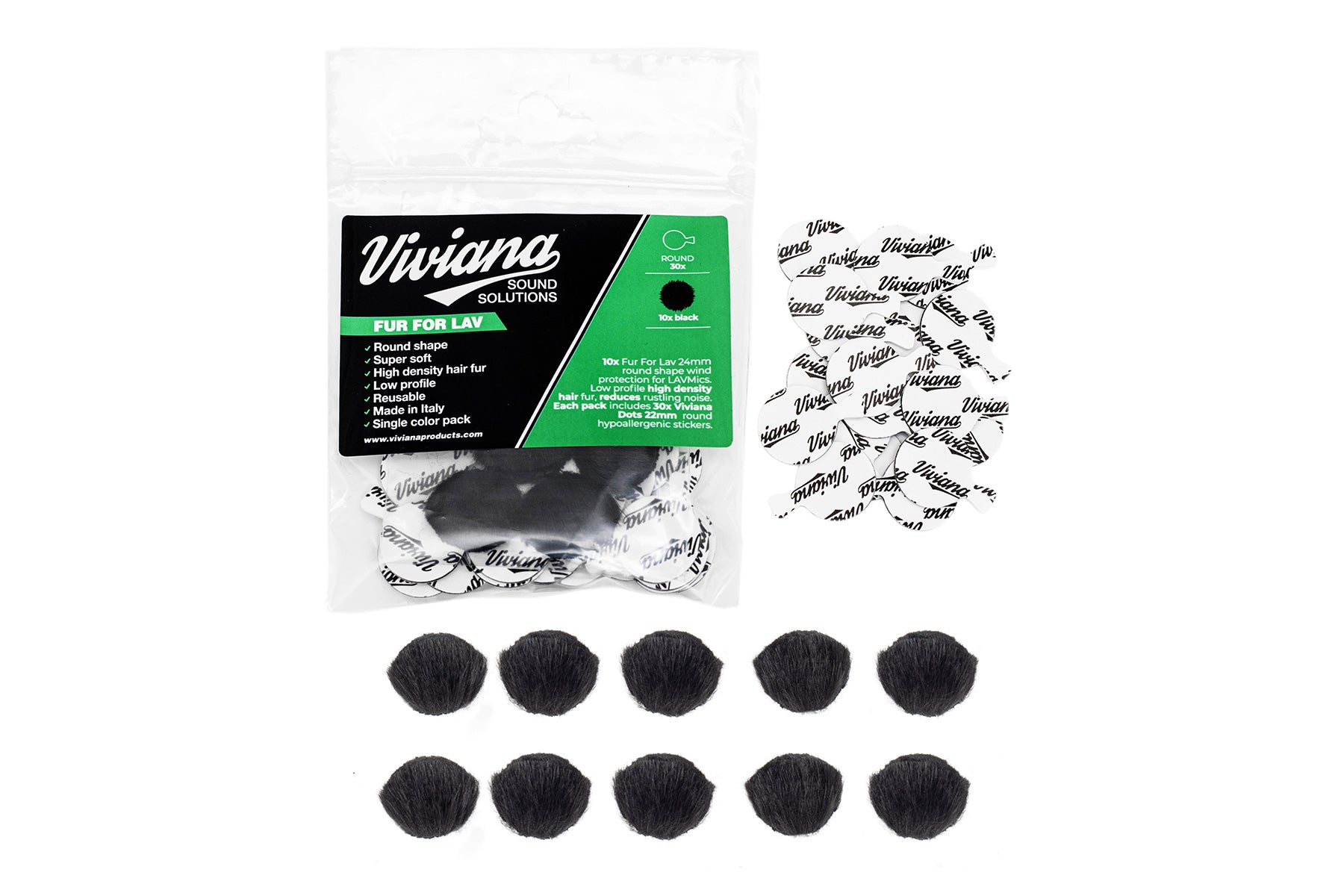 Black round fur pads, shown loose and in a clear branded bag for Lav solutions