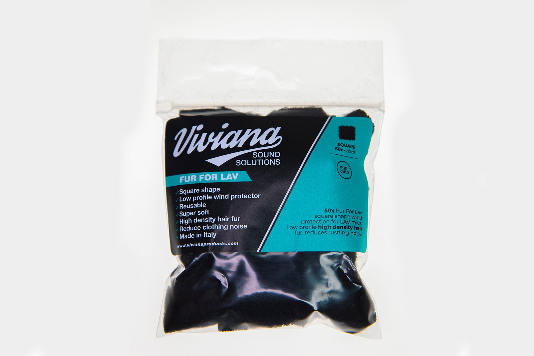 Clear bag of black round fur pads for Lav solutions with printed product label