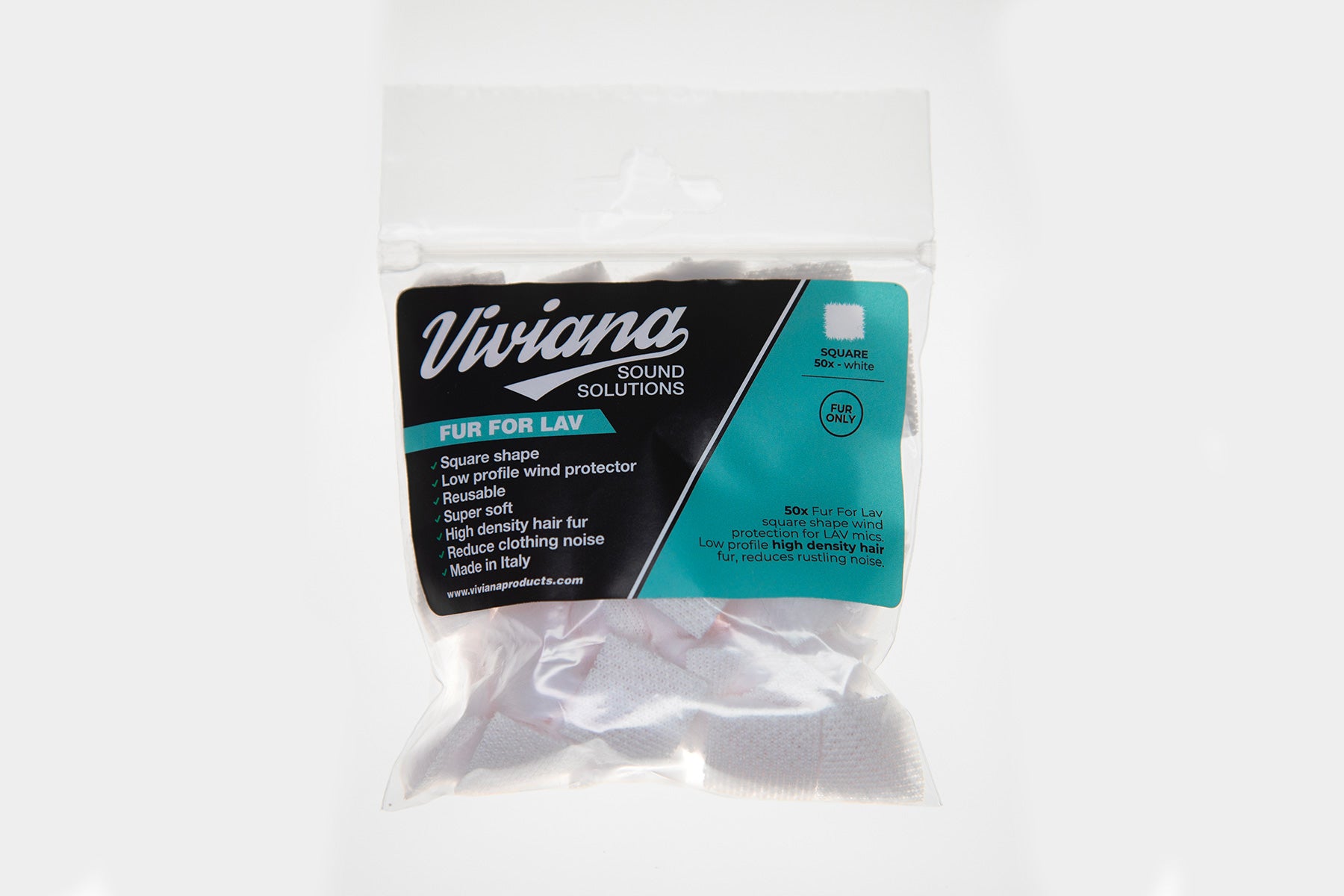 Clear bag of white round fur pads for Lav solutions with printed product label